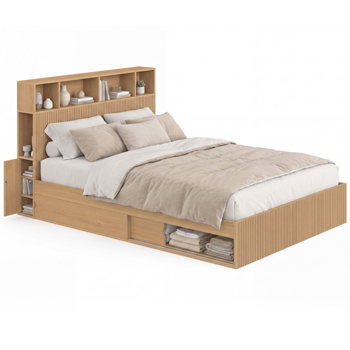 Letto matrimoniale JULIETTE con contenitori + testiera e rete da 140 x 190 cm con effetto doghe in legno