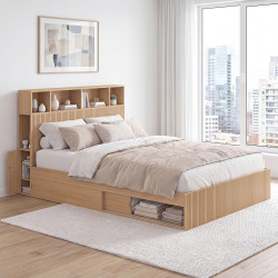 Letto matrimoniale JULIETTE con contenitori + testiera e rete da 140 x 190 cm con effetto doghe in legno