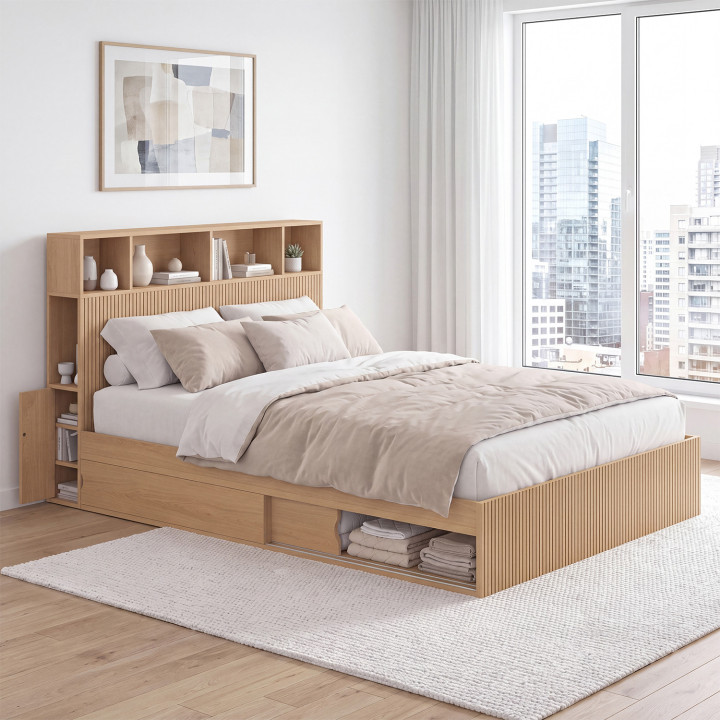Lit double JULIETTE avec rangements + tête de lit et sommier 140 x 190 cm effet lattes tasseau bois