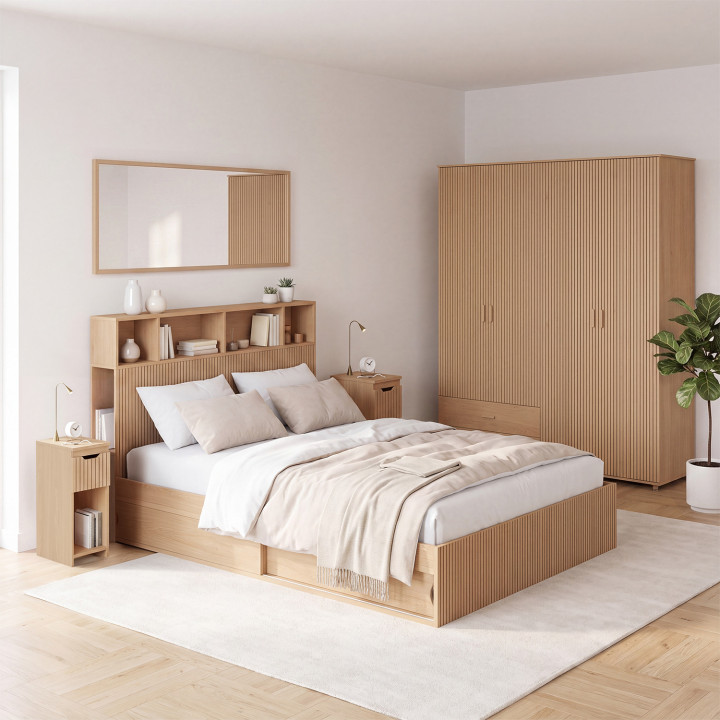 Tweepersoonsbed JULIETTE met opbergruimte + hoofdeinde en lattenbodem 140 x 190 cm, met houten latten-effect