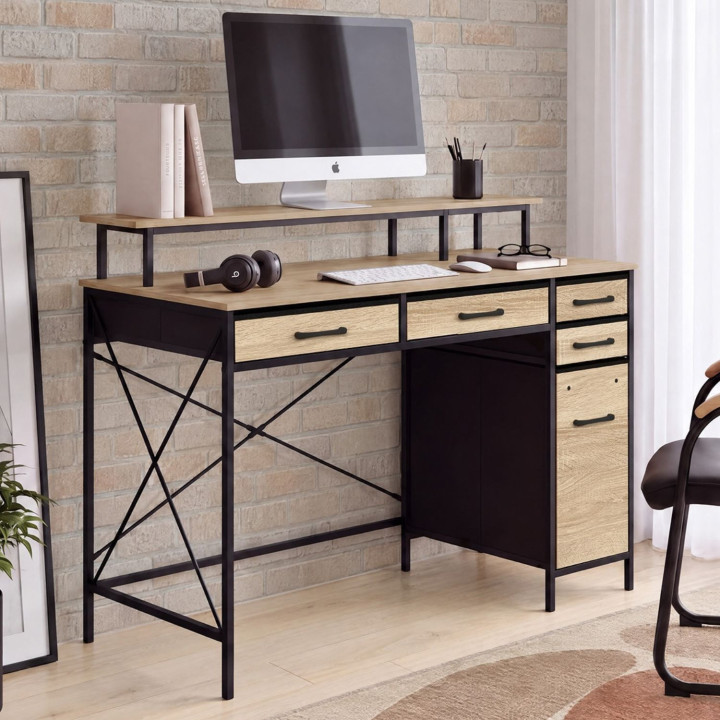 Bureau 5 tiroirs en tissu avec support écran UTAH bois et noir design industriel