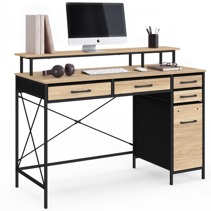 Bureau 5 tiroirs en tissu avec support écran UTAH bois et noir design industriel