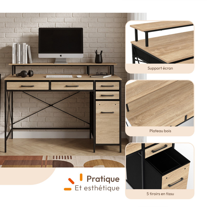 Scrivania con 5 cassetti in tessuto, 120x45 cm, con supporto per monitor UTAH in legno e nero, design industriale
