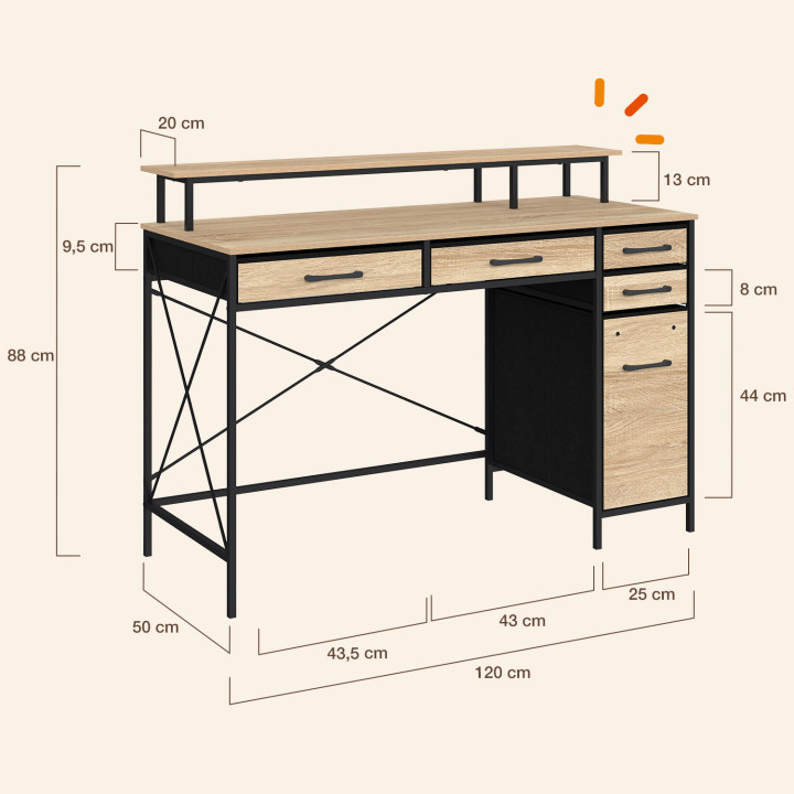Schreibtisch mit 5 Stoffschubladen, 120 x 45 cm, mit Monitorhalterung „UTAH“ in Holz und Schwarz im Industrial-Design