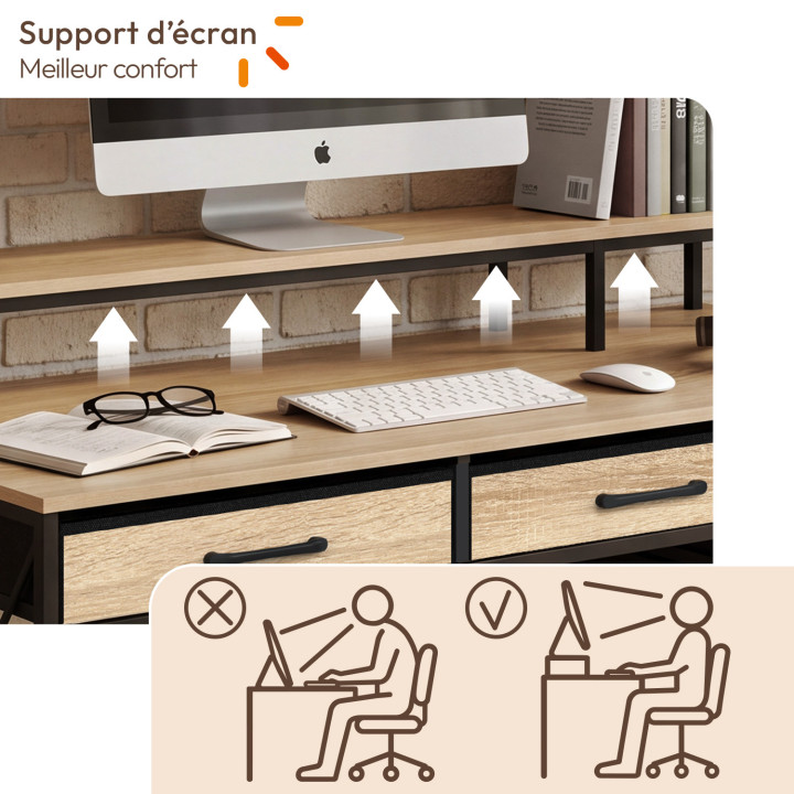 Scrivania con 5 cassetti in tessuto, 120x45 cm, con supporto per monitor UTAH in legno e nero, design industriale