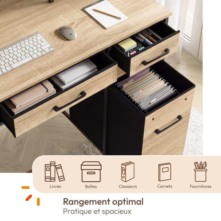 Bureau 5 tiroirs en tissu avec support écran UTAH bois et noir design industriel