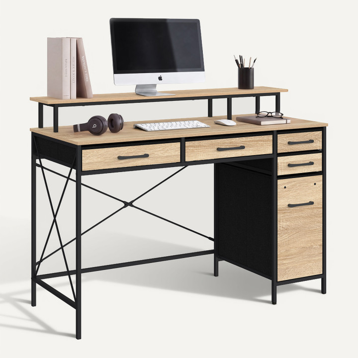 Escritorio de 5 cajones revestido de tela, de 120 x 45 cm, con soporte para pantalla UTAH en madera y negro, de diseño industria