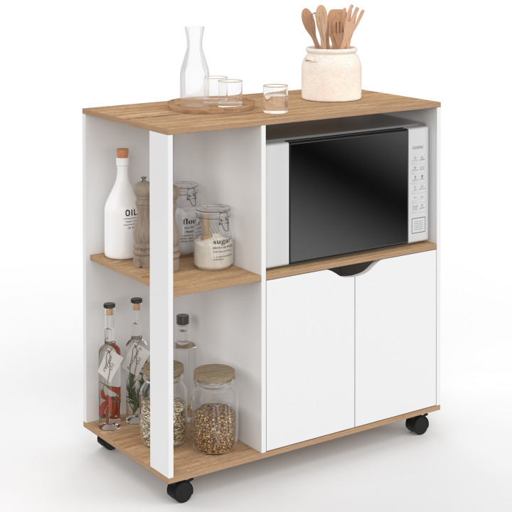 Desserte de cuisine COSI bois blanc et plateaux façon hêtre L.76 CM