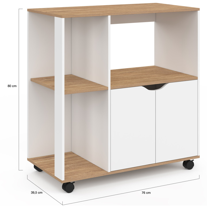 Carrello da cucina su rotelle, 76 cm, legno bianco e vassoi effetto faggio - COSI