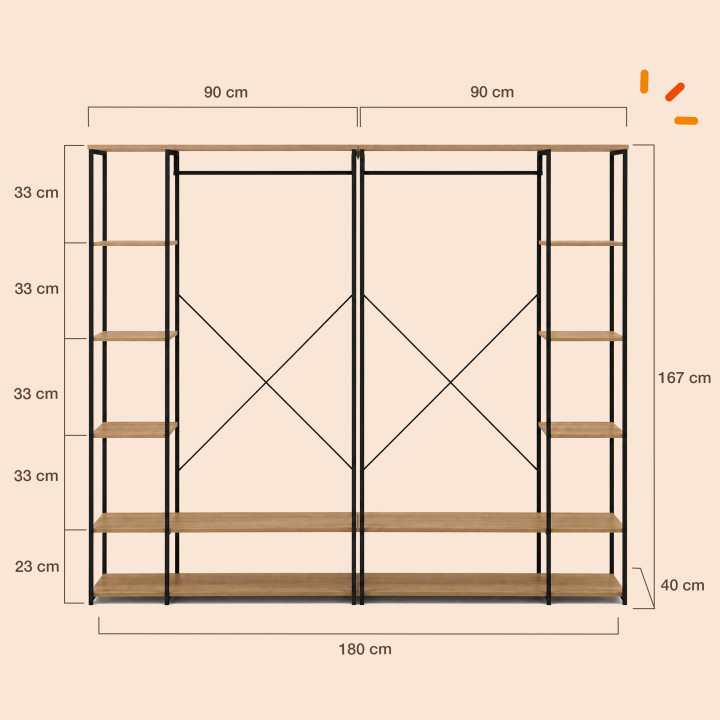 Cabina armadio aperta a doppia ante, economica, in stile industriale, 167 cm - DETROIT