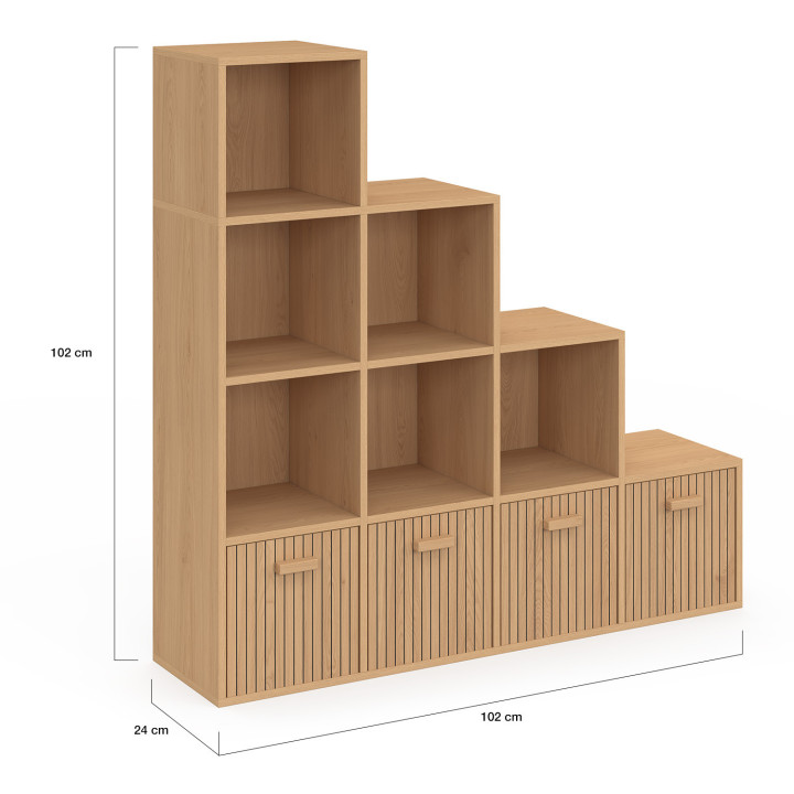 Meuble de rangement en escalier LORYS 4 niveaux effet lattes JULIETTE avec 4 tiroirs en tissu