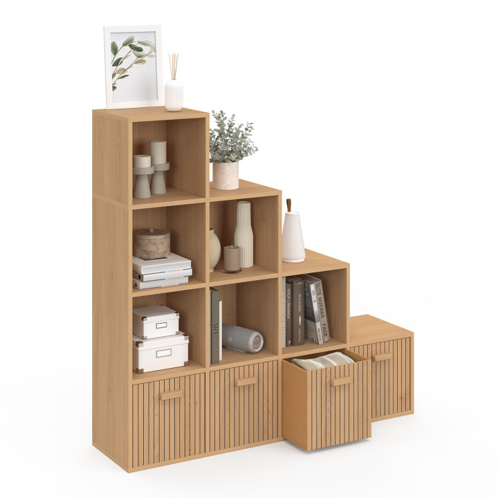 Meuble de rangement en escalier LORYS 4 niveaux effet lattes JULIETTE avec 4 tiroirs en tissu