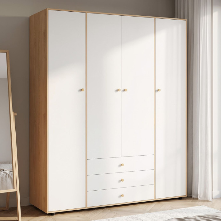 Armoire 4 portes BRUNE blanc et bois double penderie 160 cm avec 6 tiroirs et étagères