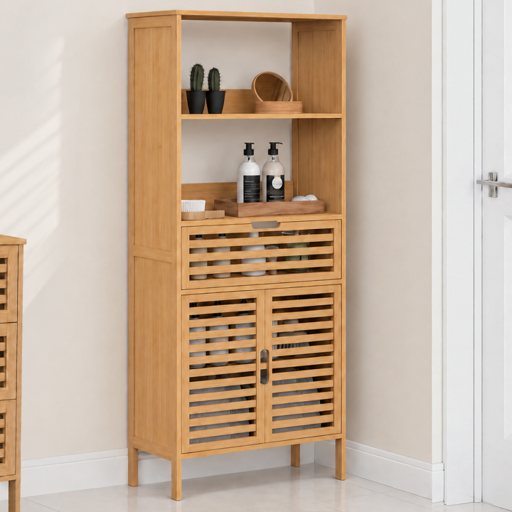 Meuble armoire salle de bain bambou BEA 2 portes et 1 tiroir avec étagères