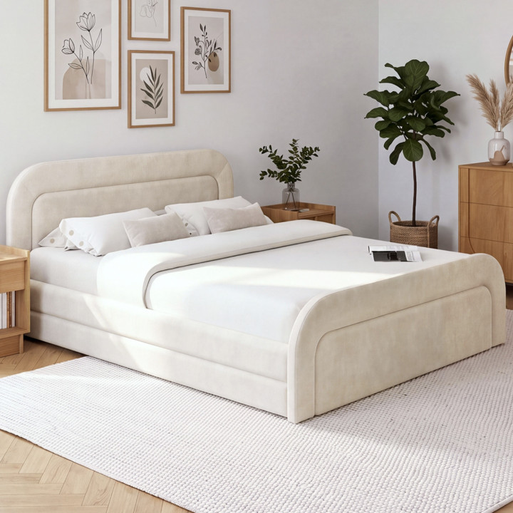 Letto matrimoniale AURA con testata trapuntata e base in velluto beige da 160 x 200 cm