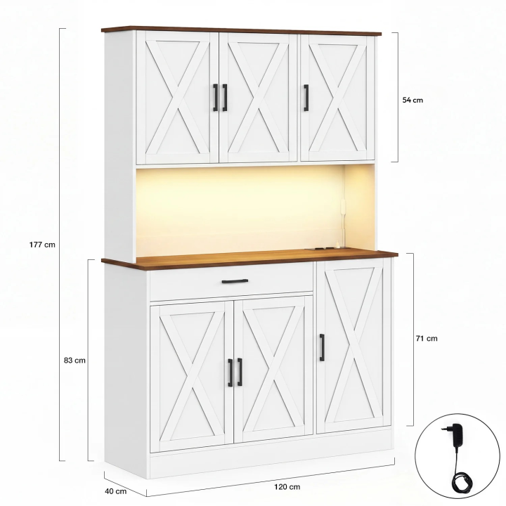 Credenza da cucina LOUISE da 120 cm con 6 ante + 1 cassetto, illuminazione a LED e presa multipla, bianca con finiture in legno