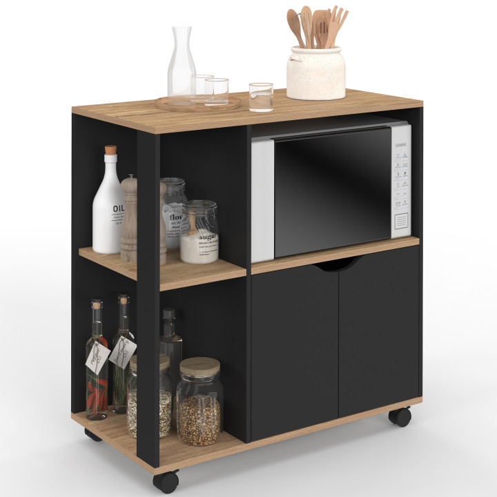 Küchenwagen mit Rollen 76 cm schwarzes Holz und Platten in Buchenoptik - COSI