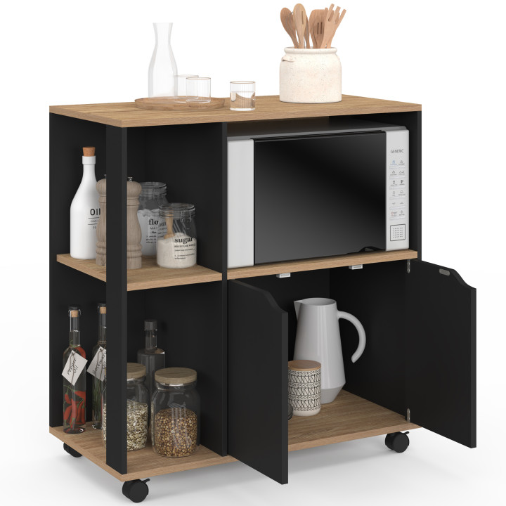 Küchenwagen mit Rollen 76 cm schwarzes Holz und Platten in Buchenoptik - COSI