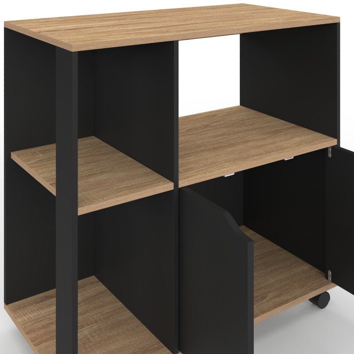 Küchenwagen mit Rollen 76 cm schwarzes Holz und Platten in Buchenoptik - COSI