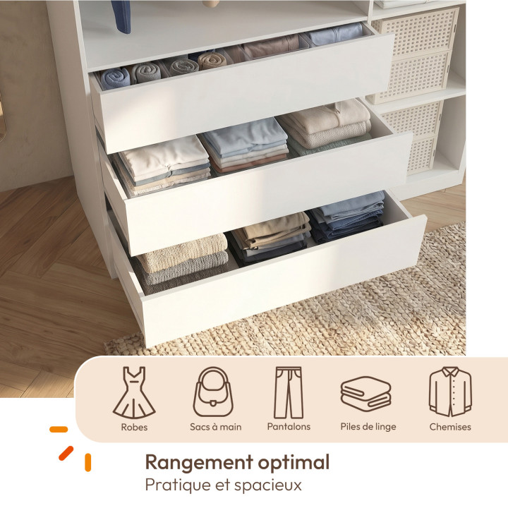 Weißer Kleiderschrank mit 1 Kleiderstange, 7 Einlegeböden und 3 Schubladen – TAYLOR