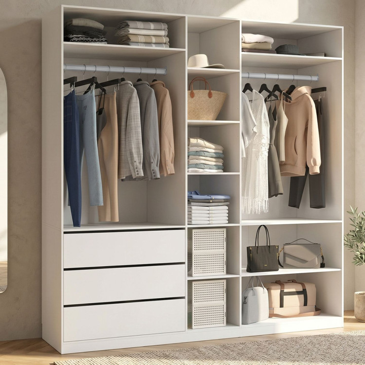 Dressing TAYLOR 200 x 55 x 200 cm avec penderies + étagères + tiroirs blanc