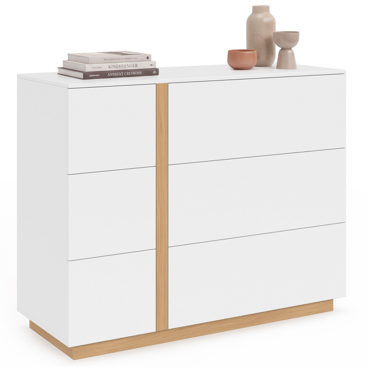 Commode 6 tiroirs ANTONIA 100 cm bois blanc et façon hêtre