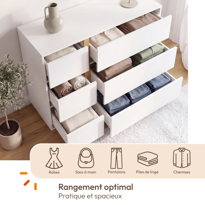 Commode 6 tiroirs ANTONIA 100 cm bois blanc et façon hêtre