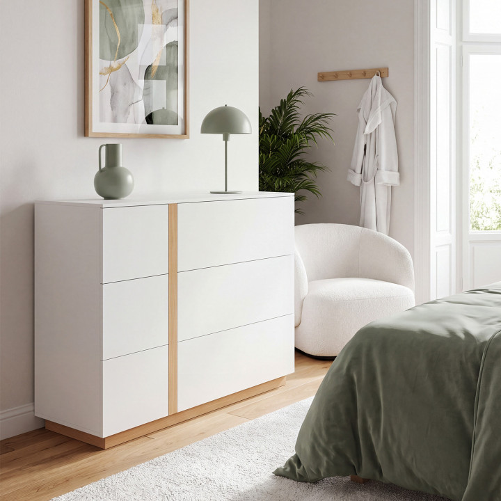Cómoda de 6 cajones ANTONIA de 100 cm, de madera blanca y imitación de haya