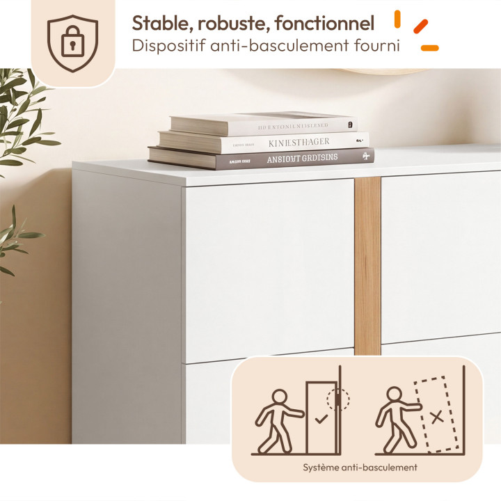 Kommode mit 6 Schubladen ANTONIA, 100 cm, weißes Holz und Buche-Optik
