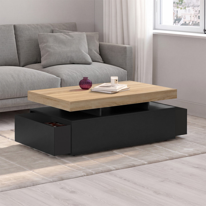 Tavolino rettangolare con 2 cassetti e piano nero - ELSA
