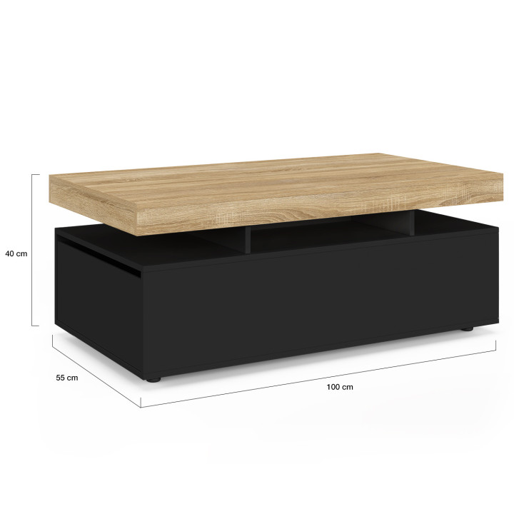 Rechteckiger Couchtisch mit 2 schwarzen Schubladen und Platte - ELSA