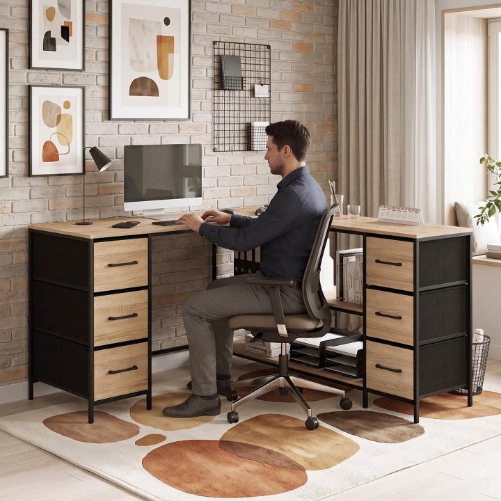 L-vormig hoekbureau UTAH met 6 stoffen lades en 4 houten en zwarte planken, in industriële stijl