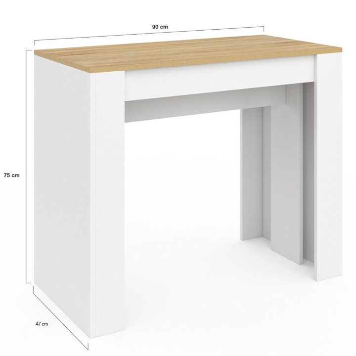 Table console extensible ORLANDO 14 personnes 300 cm blanc et façon hêtre