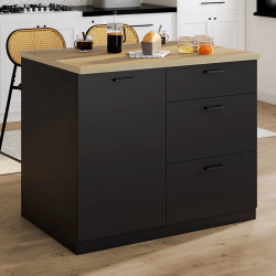 Cassorelier centraal eiland met 3 laden, 110 cm, zwart, met beuken werkblad - TIBO