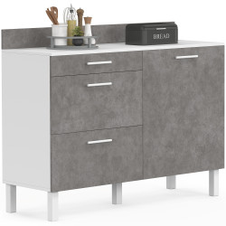 Credenza bassa 120 cm H.83 cm 1 anta + 3 cassetti effetto cemento bianco e grigio - CINA