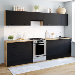 Komplette Küche mit Frontauszug und Arbeitsplatte aus Holz und Schwarz - SUBTIL