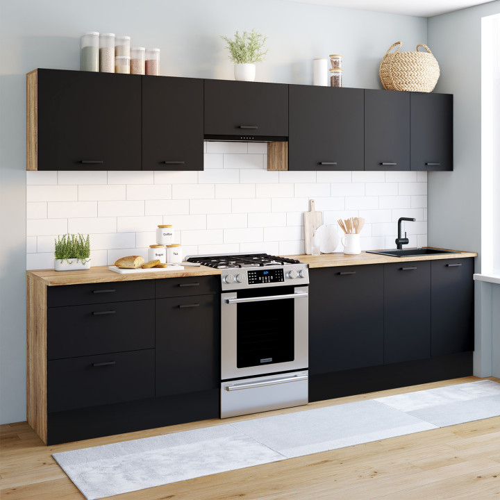 Cocina completa con cacerola y encimera de madera y negra - SUBTIL