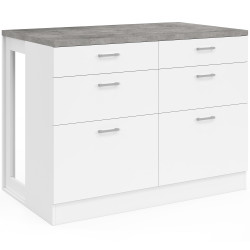 Ilot central mange-debout ORSO 120 cm casserolier 6 tiroirs blanc avec plan de travail effet béton