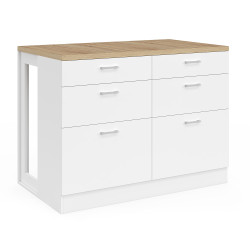 Ilot central mange-debout ORSO 120 cm casserolier 6 tiroirs blanc avec plan de travail façon hêtre