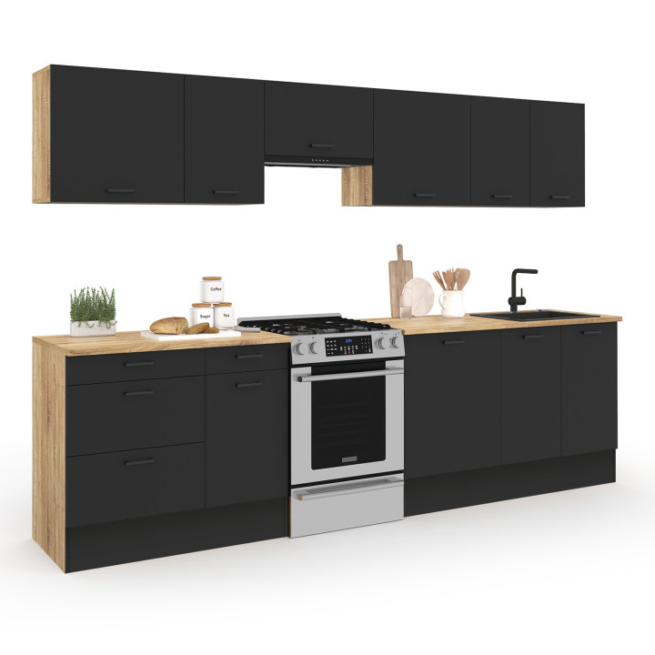 Cocina completa con cacerola y encimera de madera y negra - SUBTIL