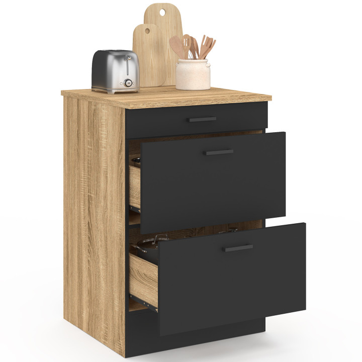 Meuble bas de cuisine 60 cm SUBTIL appoint casserolier 3 tiroirs bois et noir