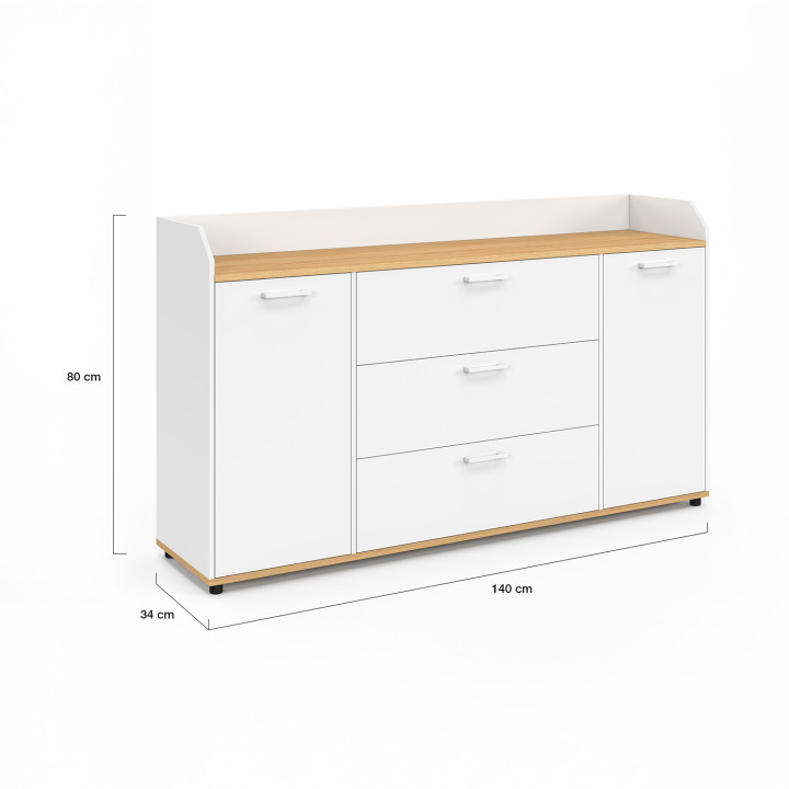 Aparador de 4 puertas de 140 cm con canto blanco y tapa de madera imitación haya - JABA
