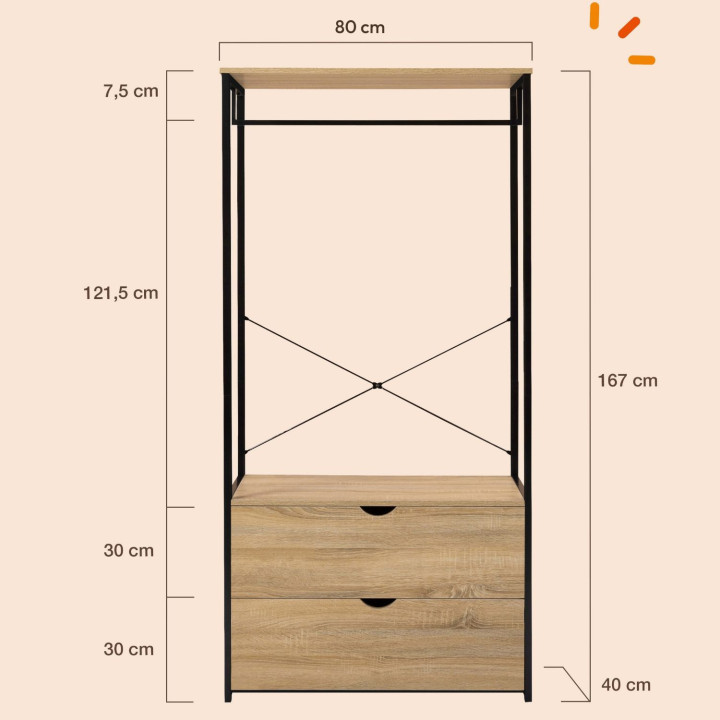 Dressing penderie 2 tiroirs L. 80 cm DETROIT design industriel