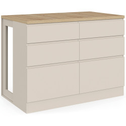 Isola centrale ORSO 120 cm con cassettiera beige a 6 cassetti e piano effetto legno