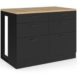 Ilot central mange-debout ORSO 120 cm casserolier 6 tiroirs noir avec plan de travail façon hêtre