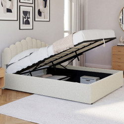 Cama doble NOELIE con cabecero y somier 140 x 190 cm tejido bouclette blanco