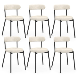 Set di 6 sedie MIKI con schienale ricurvo in tessuto chenille color écru e gambe in metallo nero