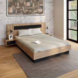 Cama de matrimonio 140x190cm cabecero con madera y mesitas de noche colgantes negro - SANTA