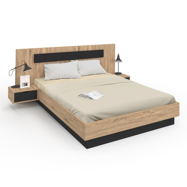 Lit double SANTA avec tête de lit + tables de chevet intégrées et sommier 140 x 190 cm bois et noir