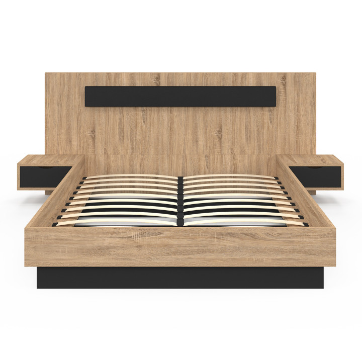 Lit double SANTA avec tête de lit + tables de chevet intégrées et sommier 140 x 190 cm bois et noir